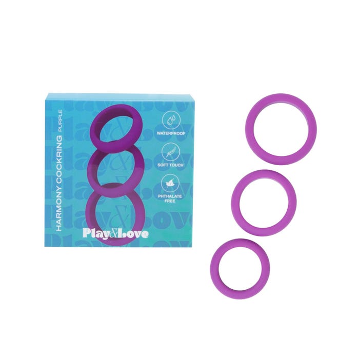 Set de 3 cockrings Harmony Play and Love en silicone violet, trois diamètres
